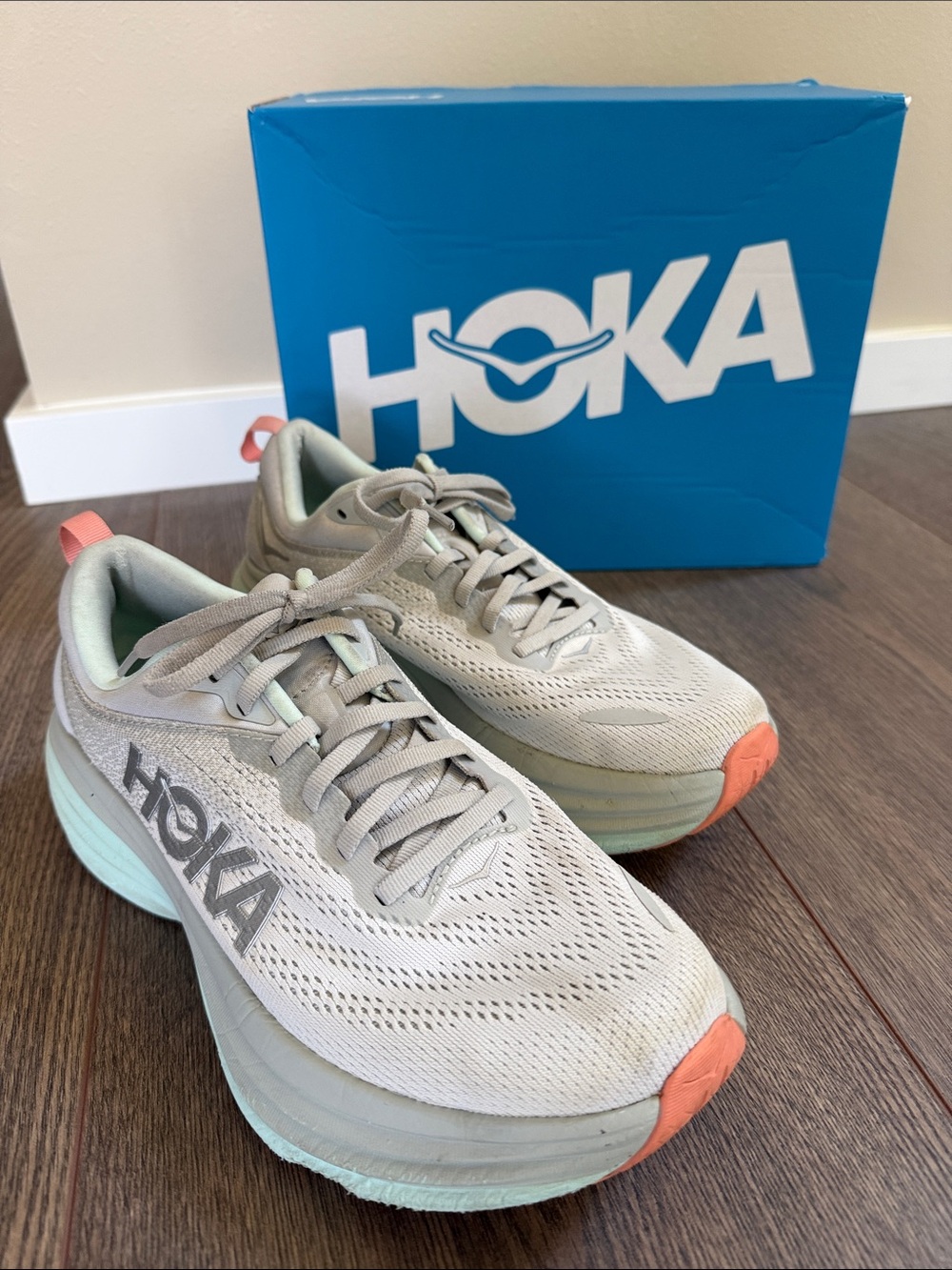 HOKA Bondi 8 Womens Size 9 HOKA Running Shoes in Gray & Blue Walking Shoes